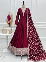 Maroon Pure Vichitra Silk Anarkali Gown with Dupatta