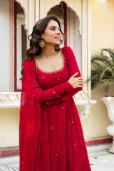 Radiate Elegance in This Red Hand Work Anarkali Suit