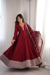 Maroon Pure Vichitra Silk Anarkali Gown with Dupatta