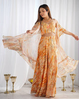 Floral Printed Georgette Palazzo Set with Crop Top & Shrug