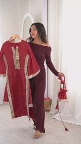 Natural Crepe Kurti Pant Set with Mirror Work & Batwa
