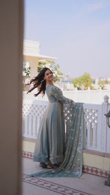 Premium Fendi Satin Embroidered Gown with Dupatta