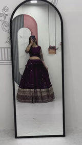 Chinon Party Wear Wine Lehenga Choli Set